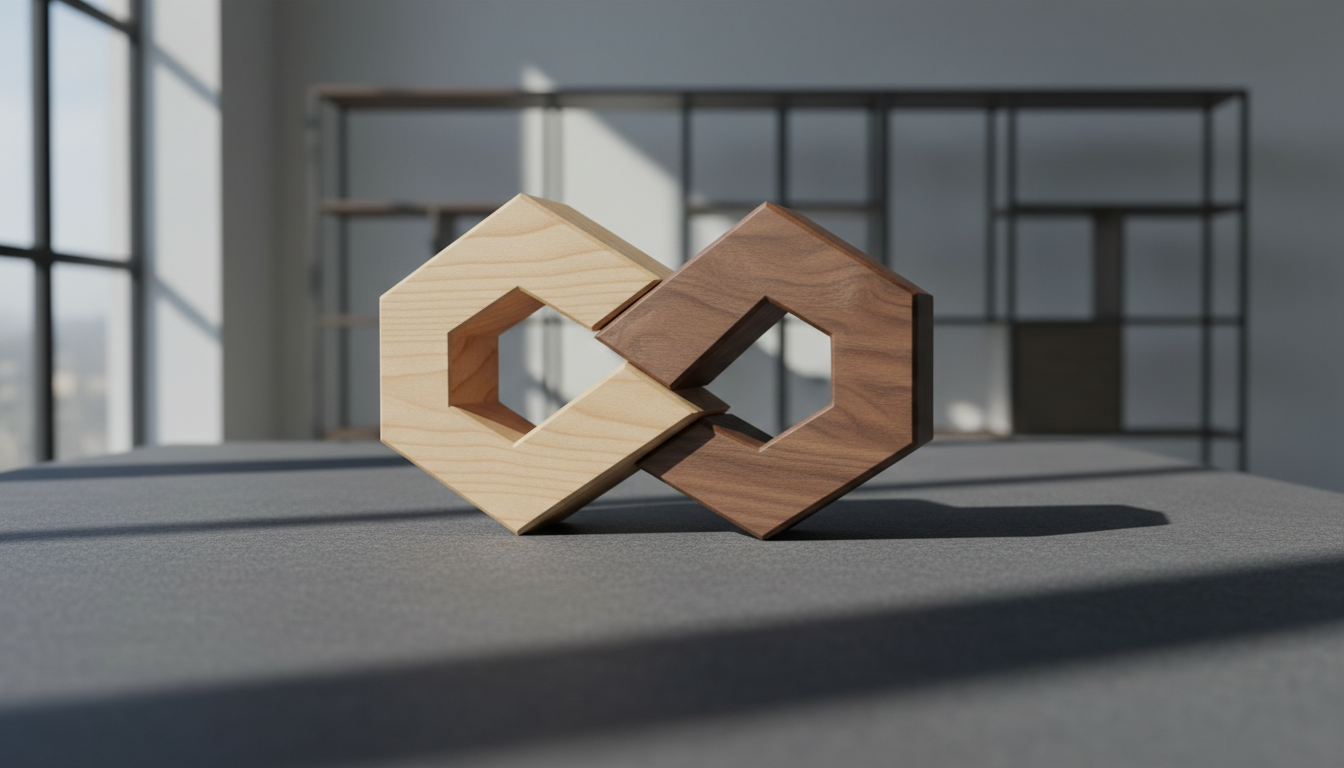 A pair of interlocking geometric puzzle pieces made of smooth, polished maple and walnut wood, resting on a graphite-colored felt surface. The environment features an uncluttered, open space with a faint outline of modular shelves in the background, reflecting clean architectural lines. Cool, natural daylight streams from the left, illuminating the tactile grain of the wood and casting delicate, precise shadows. The camera angle is slightly above and off-center, utilizing asymmetrical balance and a shallow depth of field, focusing on the join between the pieces. This image conveys connection and integration, key themes in therapeutic work, with a photographic and contemporary corporate style.