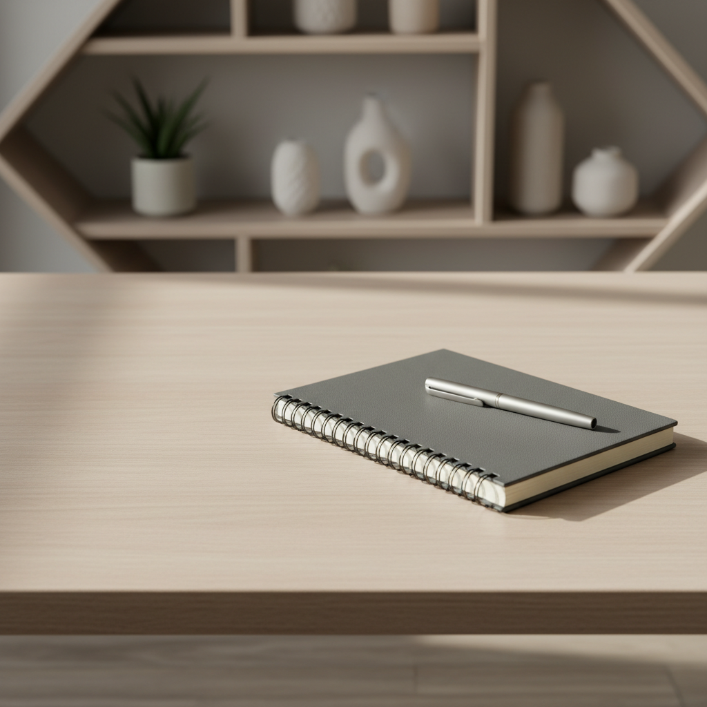 A refined spiral-bound therapy notebook with a textured matte cover in slate grey, its pages slightly fanned, beside a sleek silver pen atop a broad, uncluttered ash wood desk. The background reveals geometric shelving with tastefully arranged neutral pottery and a subtle hint of green from a small plant. Filtered morning sunlight spills in, creating soft highlights and emphasizing the ordered layout. The composition uses rule of thirds, with a shallow depth of field producing a sophisticated, focused look. The atmosphere is calm, orderly, and inviting—aligning perfectly with the professionalism and clarity of psychotherapy work. Photographic realism underscores a balanced, corporate aesthetic.