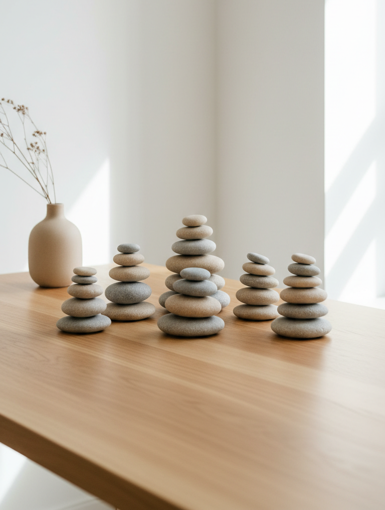 A collection of meticulously arranged smooth river stones in muted grey and beige tones, stacked in balanced formation on a natural wood surface. The setting is a minimalist office environment with clean lines and crisp white walls, accented by a single sand-colored vase. Gentle, diffused natural light enters from an unseen window, casting soft shadows that highlight the stones’ rounded forms. The mood is serene, professional, and grounded, fostering a sense of calm organization ideal for therapy. Captured from eye level with symmetrical framing and sharp focus throughout, the photographic style is clean, modern, and purposefully structured to evoke trust and clarity.