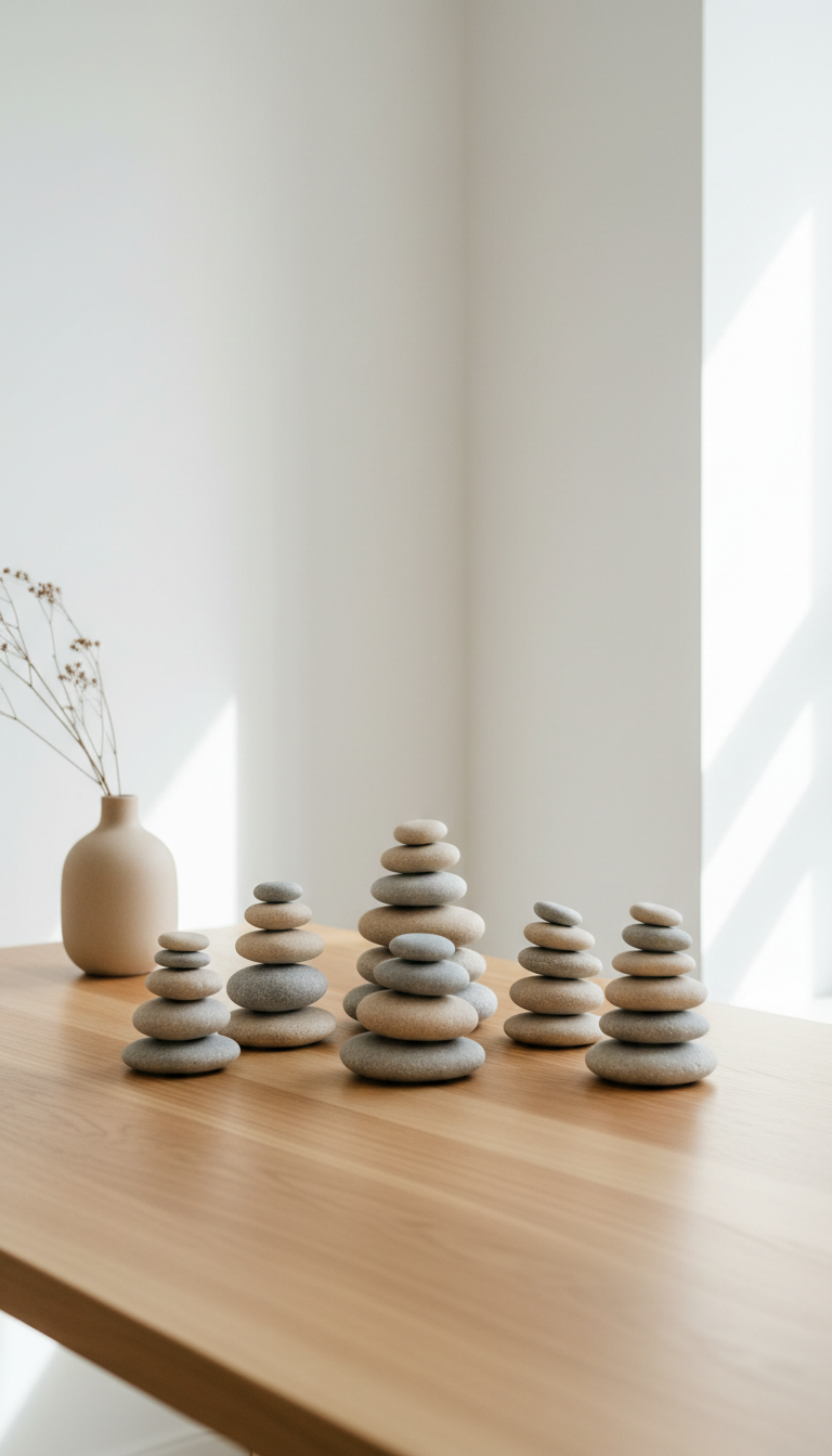 A collection of meticulously arranged smooth river stones in muted grey and beige tones, stacked in balanced formation on a natural wood surface. The setting is a minimalist office environment with clean lines and crisp white walls, accented by a single sand-colored vase. Gentle, diffused natural light enters from an unseen window, casting soft shadows that highlight the stones’ rounded forms. The mood is serene, professional, and grounded, fostering a sense of calm organization ideal for therapy. Captured from eye level with symmetrical framing and sharp focus throughout, the photographic style is clean, modern, and purposefully structured to evoke trust and clarity.