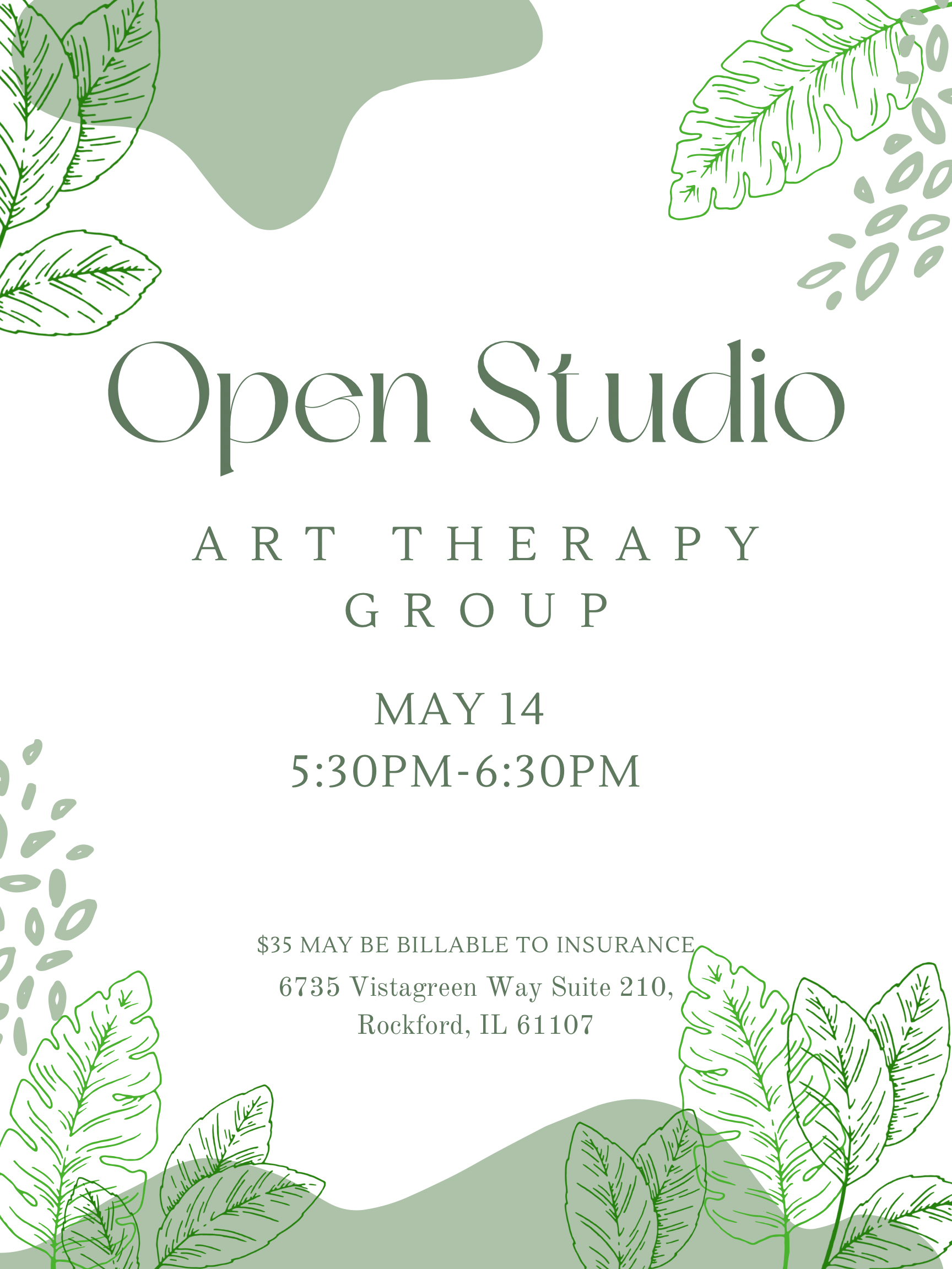 Open Studio art therapy group flyer for May 14, 5:30–6:30 PM at Forest City Counseling